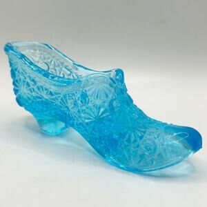 Vintage Fenton Light Aqua Colonial Blue Daisy and Button Glass Slipper Shoe Boot